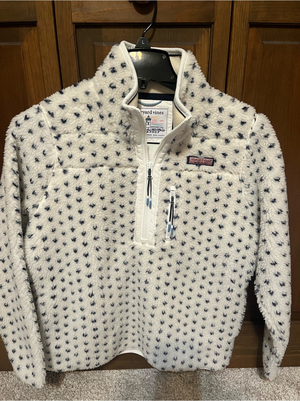 Vineyard Vines Cream Sherpa Pullover with Navy Dot Accents